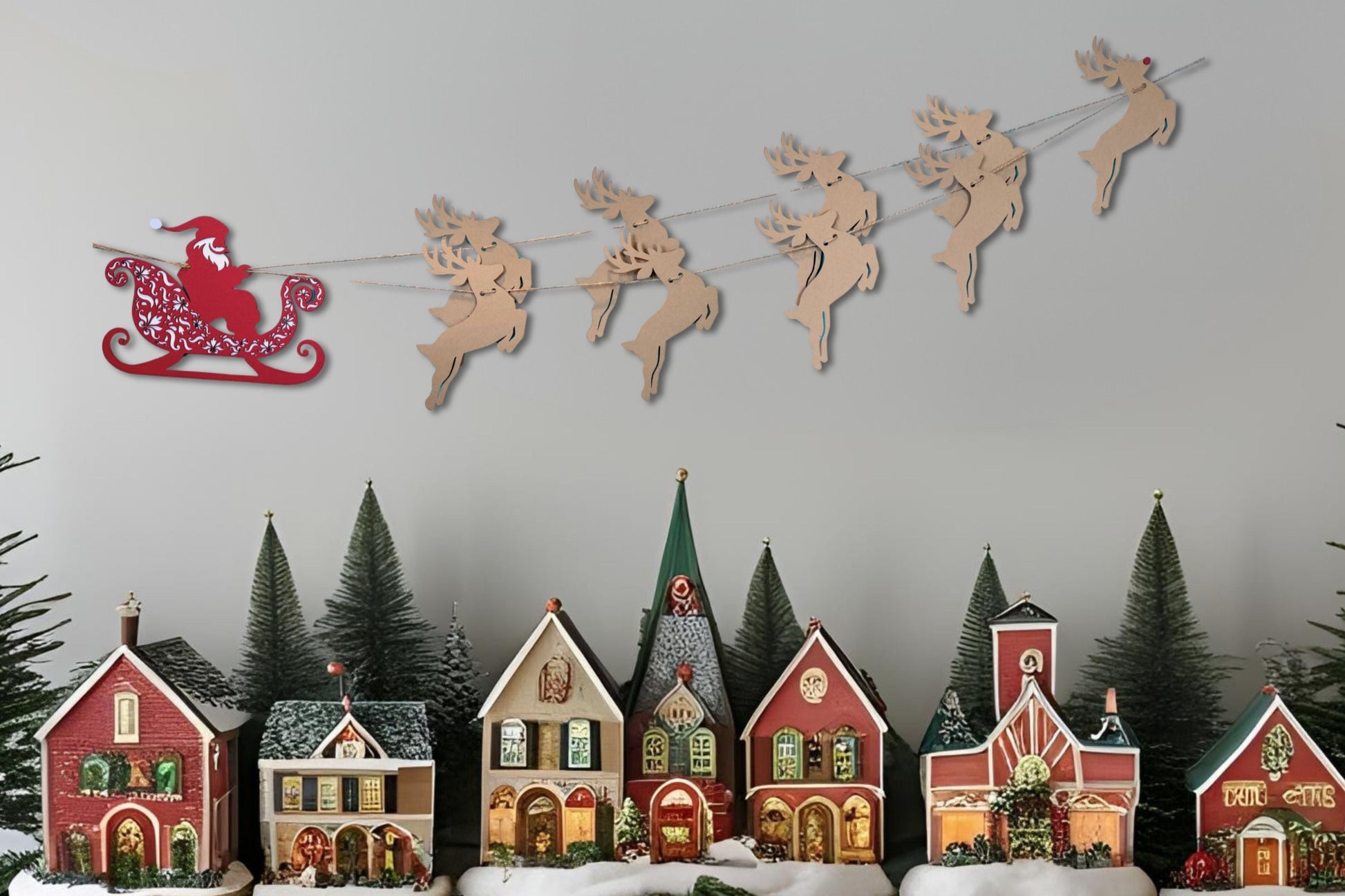 Santa Claus Sleigh and Reindeer Christmas Holiday Garland Bunting Banner