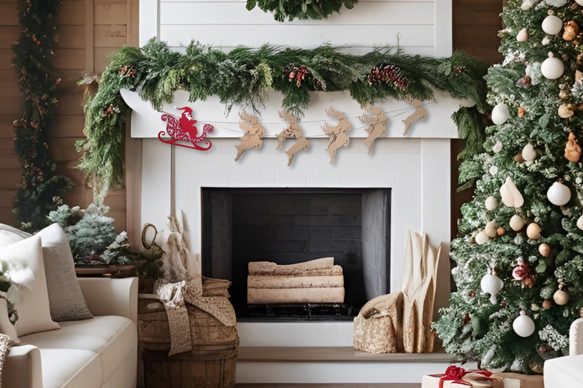 santa claus sleigh reindeer garland christmas