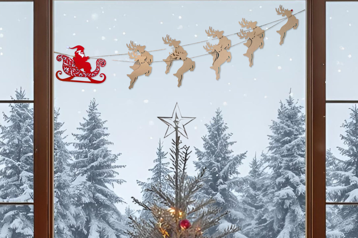 santa sleigh and reindeer with rudolph garland christmas