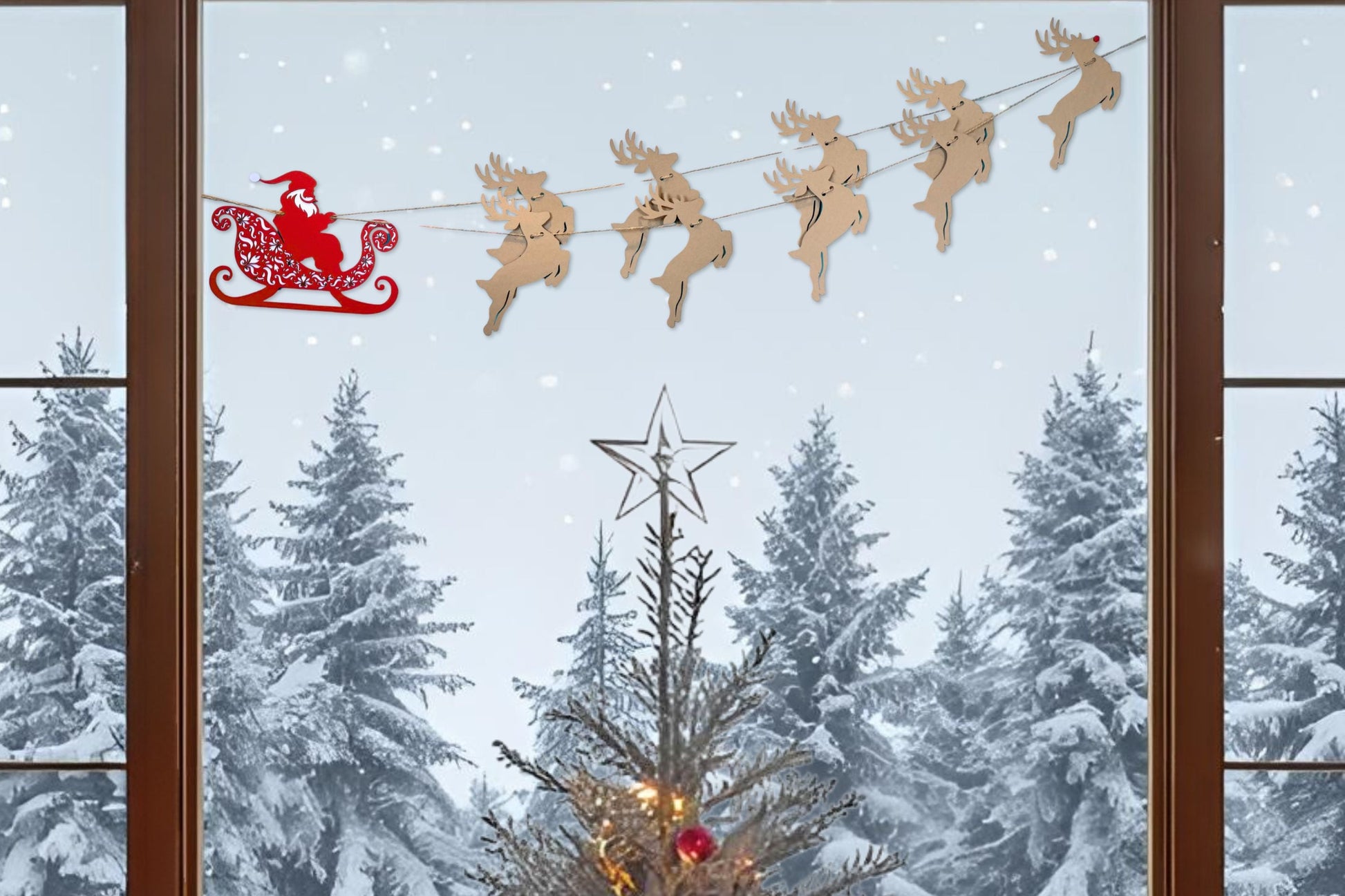 santa sleigh and reindeer with rudolph garland christmas